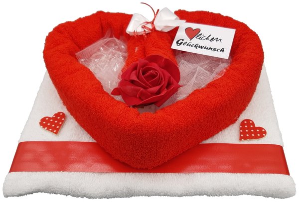 Frotteebox Geschenk-Set Herz zum Muttertag aus Handtuch und Gästetuch geformt