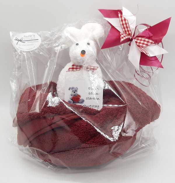 Frotteebox Geschenk Set Bär weiß in Handarbeit geformt aus 1x Handtuch (100x50cm), 1x Wachhandschuh