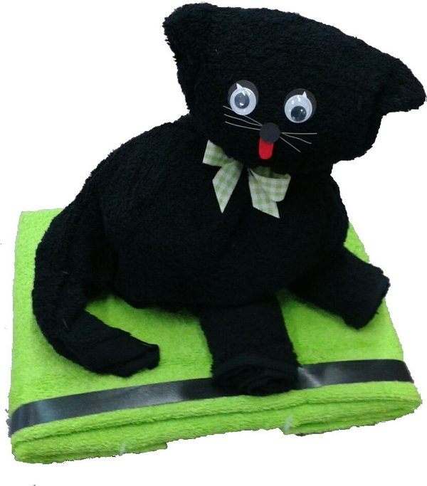 Frotteebox Geschenk Set Katze schwarz in Handarbeit geformt aus 2x Handtuch und 1x Gästetuch