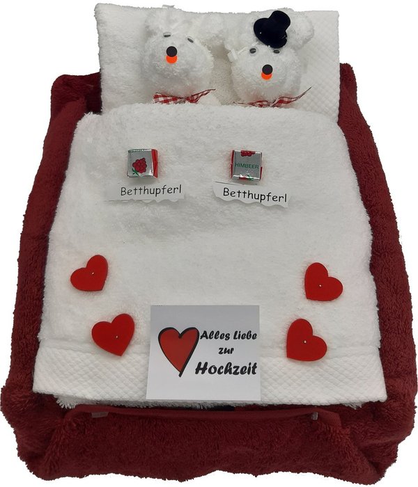 Frotteebox Geschenk Set Bärenpaar im Bett aus 3x Handtuch (100x50cm) und 3x Waschhandschuh rot/weiß