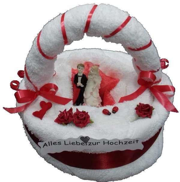 Frotteebox Geschenk Set Brautpaar auf Torte mit Bogen groß aus 2x Handtuch + 1x Gästetuch geformt