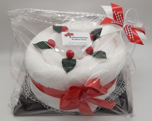 Frotteebox Geschenk Set Schwarzwälder Kirsch Torte groß in Handarbeit geformt aus Duschtuch weiß