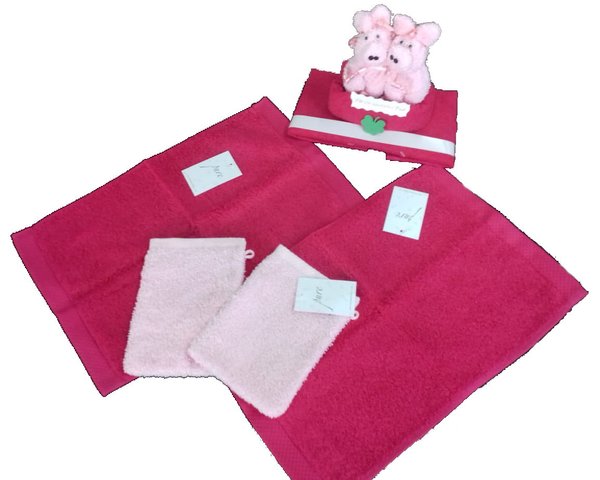 Frotteebox Geschenk Set Schweinepaar aus 2x Gästetuch (50x30cm) + 2x Waschhandschuh rosa/rot geformt