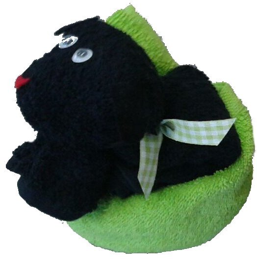Frotteebox Geschenk Set Hund schwarz in Handarbeit geformt aus 2x Gästehandtuch