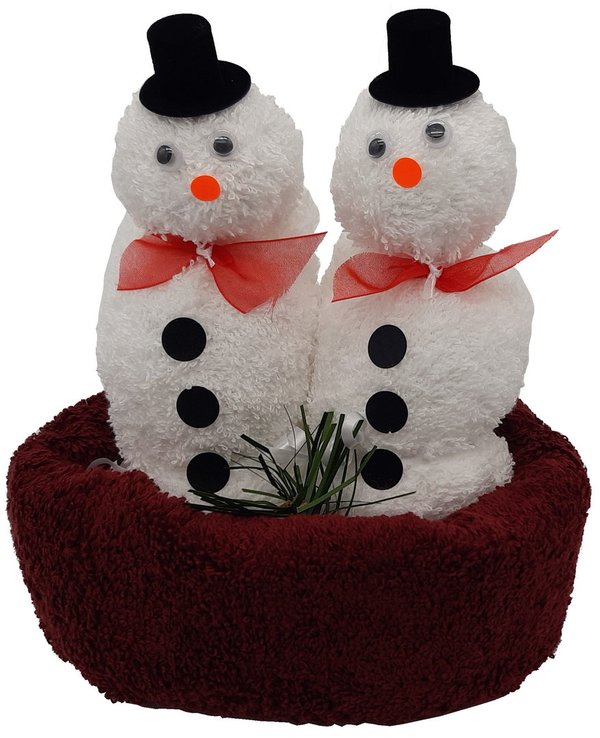 Frotteebox Geschenk Set Schneemann Paar in Handarbeit geformt aus 1x Handtuch und 2x Waschhandschuhe