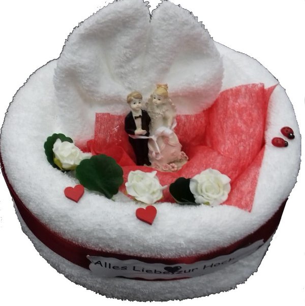 Frotteebox Geschenk Set Brautpaar auf Torte groß geformt aus 1x Duschtuch und 1x Waschhandschuh