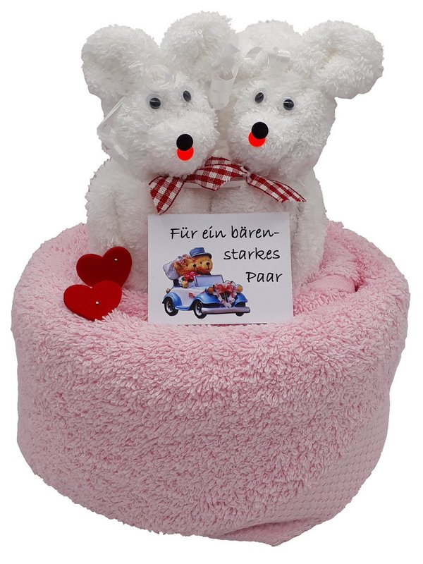 Frotteebox Geschenk Set Bären Hochzeitspaar aus 1x Handtuch (100x50cm) und 2x Waschhandschuh