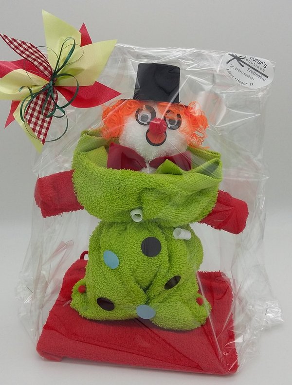 Frotteebox Geschenk Set Clown in Handarbeit geformt aus 2x Gästetuch, 2x Waschhandschuh