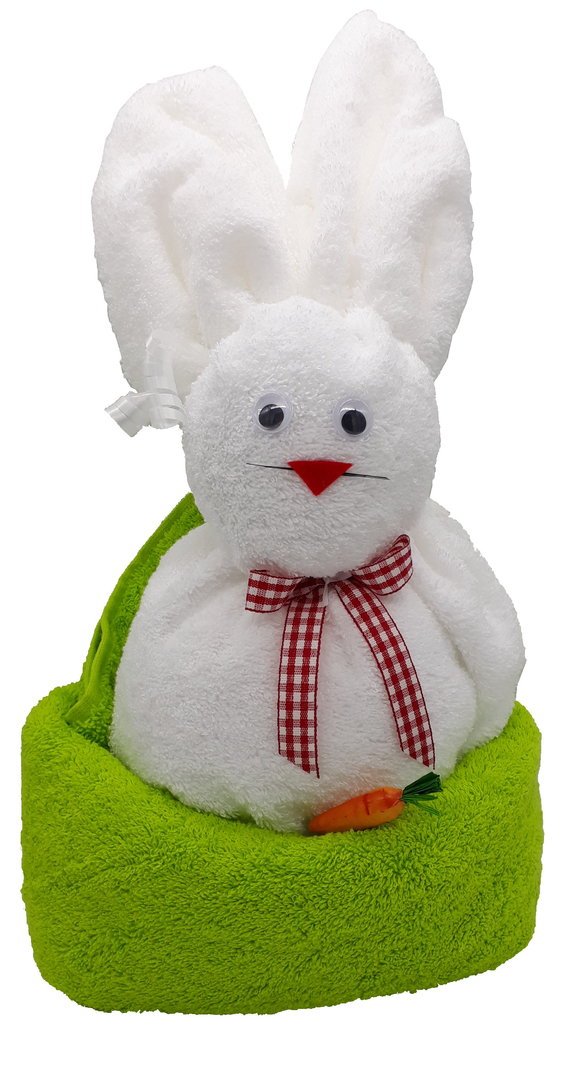 Frotteebox Geschenk Set Hase im Nest in Handarbeit geformt aus 2x Handtuch grün / weiß