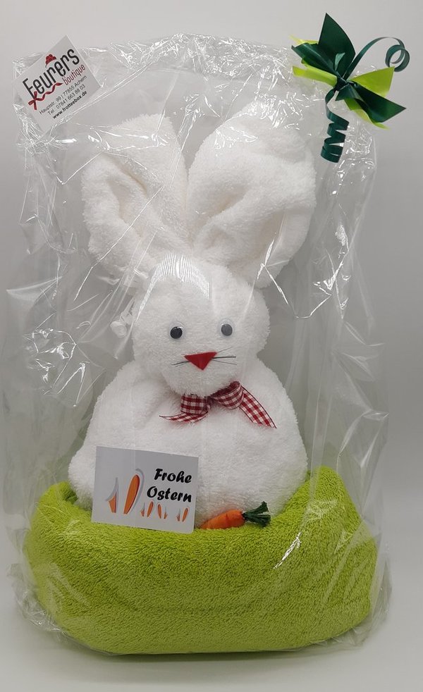 Frotteebox Geschenk Set Hase im Nest in Handarbeit geformt aus 2x Handtuch grün / weiß