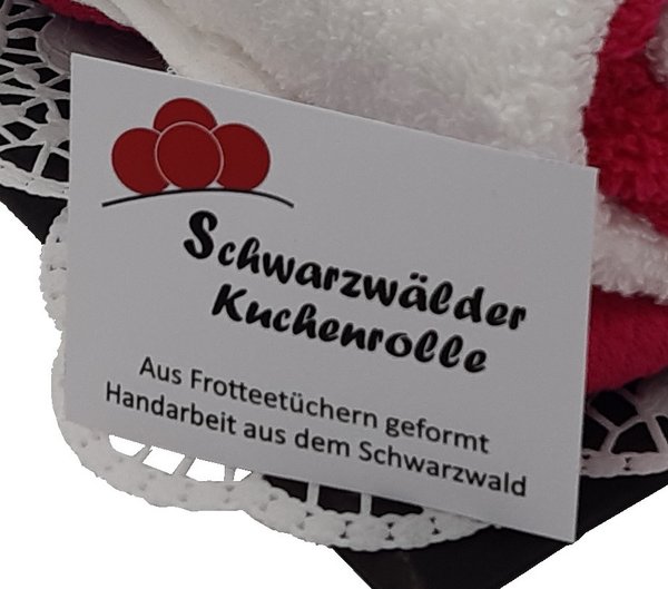 Frotteebox Geschenk Set Schwarzwälder Kuchenrolle aus Handtuch (100x50cm) weiß, Gästetuch (50x30cm)