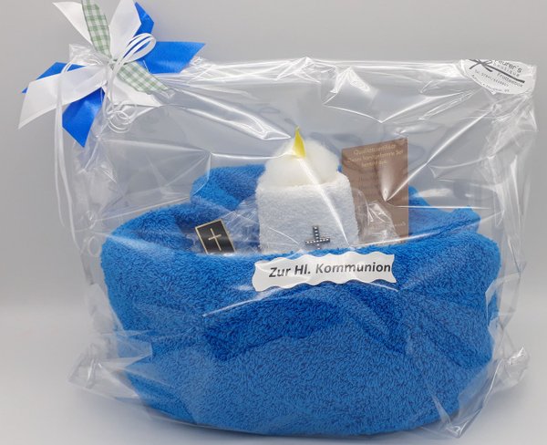 Frotteebox Geschenk Set Kommunion Kerze in Handarbeit geformt aus Duschtuch blau und Gästetuch weiß