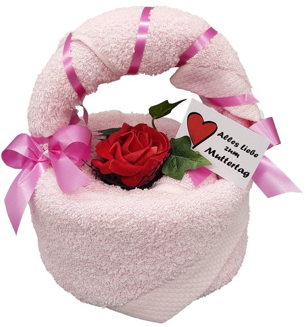 Frotteebox Geschenk-Set Blumenkorb aus Handtuch (100x50cm) und Gästetuch (50x30cm) geformt mit Rose