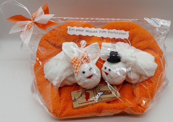 Frotteebox Geschenk Set Mäuse Hochzeitspaar aus 1x Handtuch orange und 2x Gästetuch weiß geformt
