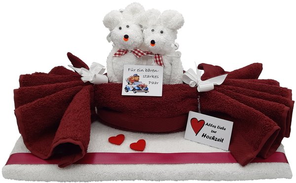 Frotteebox Geschenk Set Bären Hochzeitspaar aus 2x Handtuch dunkelrot/weiß und 2x Waschhandschuh