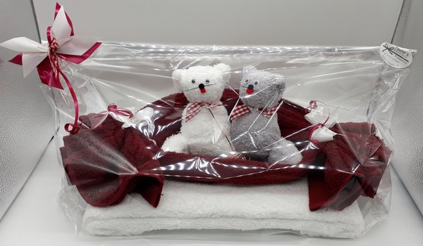 Frotteebox Geschenk Set Katzen Hochzeitspaar aus 2x Handtuch dunkelrot/weiß und 2x Waschhandschuh