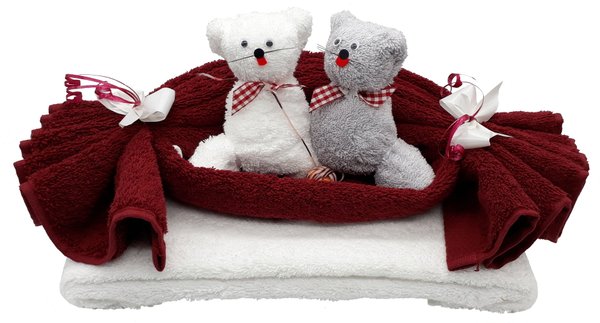 Frotteebox Geschenk Set Katzen Hochzeitspaar aus 2x Handtuch dunkelrot/weiß und 2x Waschhandschuh