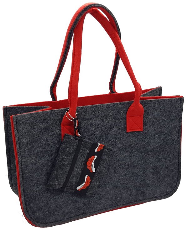 Filztasche grau/rot ca. 24x38x20cm, robuste Tasche aus Filz mit Anhänger Tasche Bollenhut
