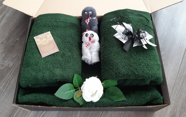 Frotteebox - Geschenk-Box 6-teilig mit Duschtücher Handtücher +Eulen-Paar aus Waschhandschuh geformt