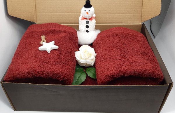 Frotteebox - Geschenk-Box 5-teilig mit Duschtücher Handtücher +Schneemann aus Waschhandschuh geformt