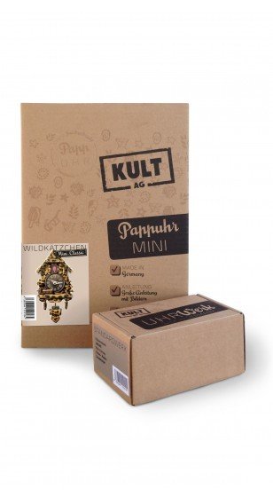 Pappuhr Mini-Classic Wildkätzchen - Kuckucksuhr modern aus Pappe mit Uhrwerk auswählbar