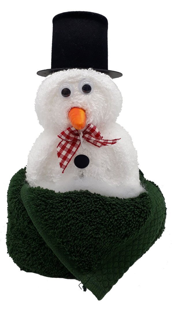 Frotteebox Geschenk Set Schneemann weiß in Handarbeit geformt aus Gästetuch weiß und Seifentuch grün