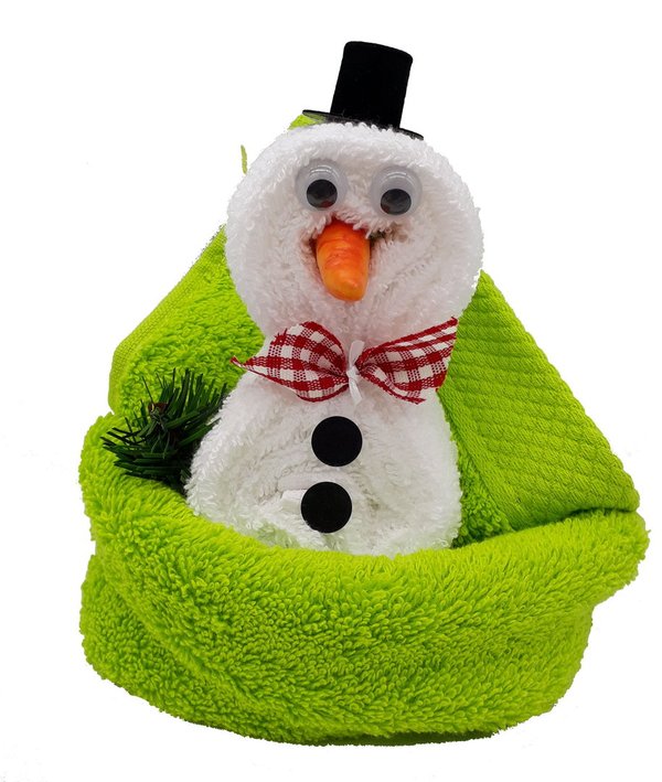 Frotteebox Geschenk Set Schneemann weiß in Handarbeit geformt aus Gästetuch grün + Seifentuch weiß