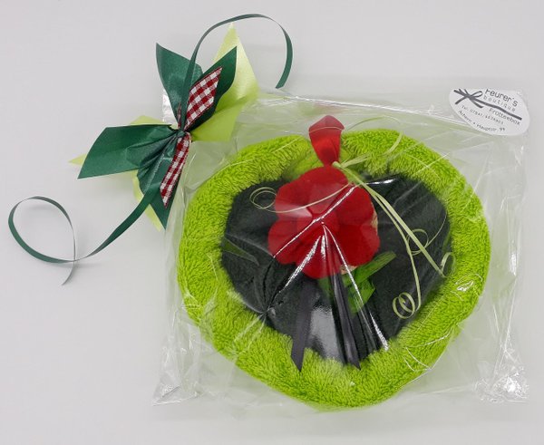 Frotteebox Geschenk Set Schwarzwald Herz geformt aus Gästetuch hellgrün + Seifentuch