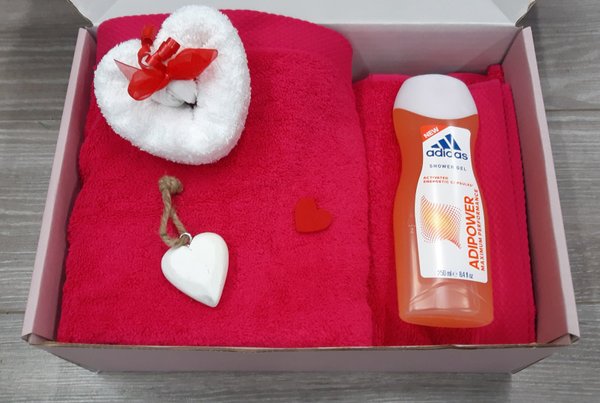 Geschenk Box für Frauen 5-teilig Duschtuch, Handtuch, Gästetuch-Herz, Adidas Duschgel, Deko-Herz