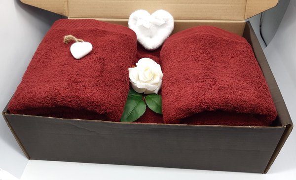 Frotteebox Geschenk Box 6-teilig 2x Duschtuch, 2x Handtuch (Farbe wählbar), Gästetuch-Herz+Deko-Herz