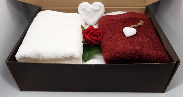 Frotteebox Geschenk Box 6-teilig 2x Duschtuch, 2x Handtuch (Farbe wählbar), Gästetuch-Herz+Deko-Herz