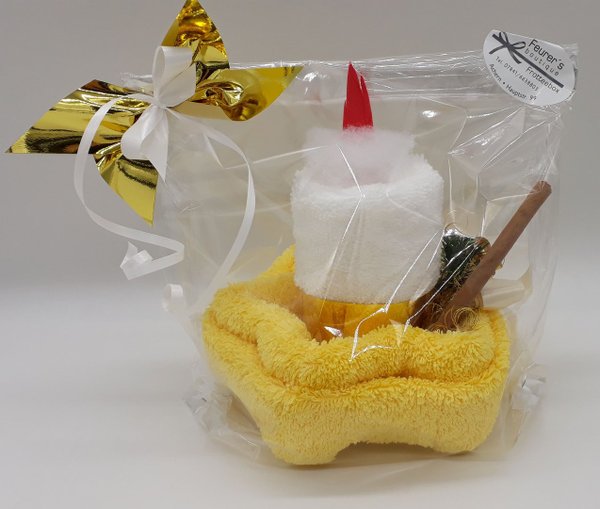Frotteebox Geschenk Set Kerze weiß in gelbem Stern in Handarbeit geformt aus 2x Gästetuch