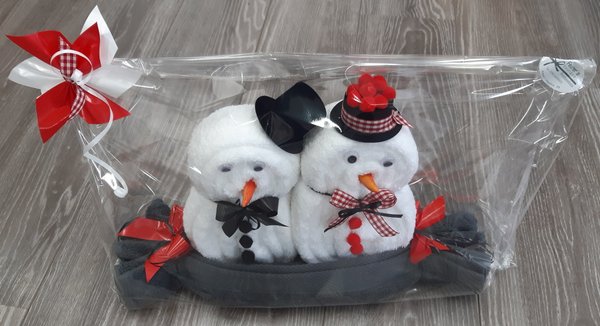 Frotteebox Geschenk Set Schneemann Paar in Handarbeit geformt aus 3x Handtuch weiß/grau