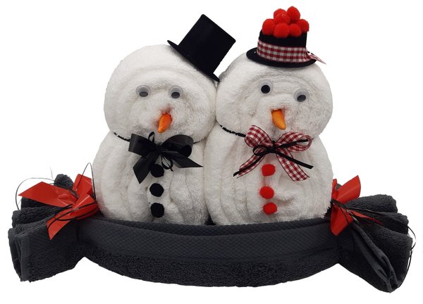 Frotteebox Geschenk Set Schneemann Paar in Handarbeit geformt aus 3x Handtuch weiß/grau