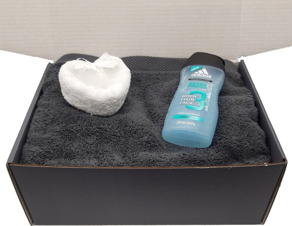 Geschenk Box für Männer 4-teilig Duschtuch, Handtuch (Farbauswahl) Gästetuch-Herz, Adidas Duschgel