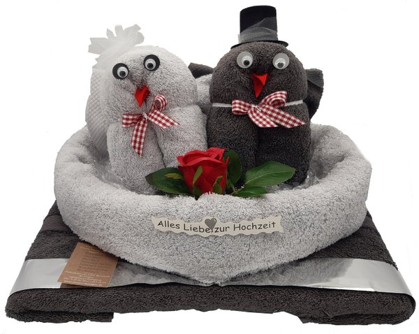 Frotteebox Geschenk Set Eulenpaar im Herz aus 2x Duschtuch, 2x Handtuch und 2x Waschhandschuh