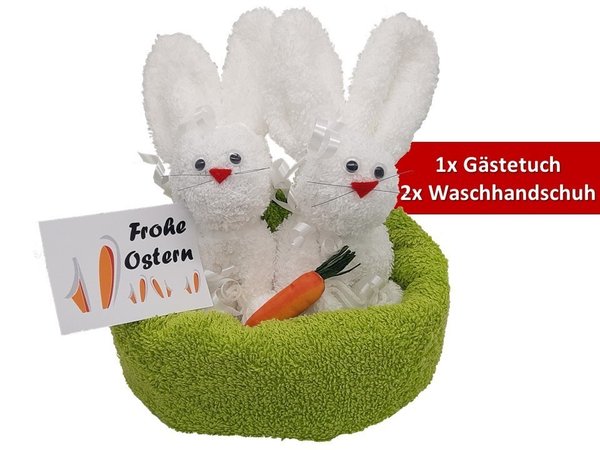 Frotteebox Geschenk Set Hasenpaar im Nest in Handarbeit geformt aus 1x Gästetuch + 2x Waschhandschuh