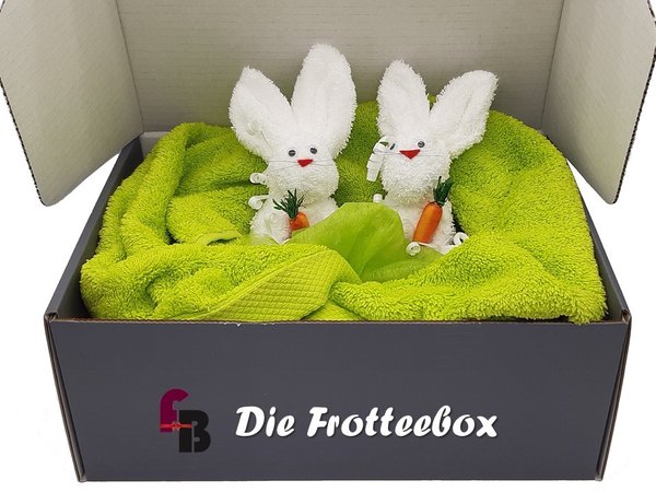Frotteebox Geschenk Box Ostern 4-teilig Duschtuch Handtuch + 2x Hasen aus Waschhandschuhen