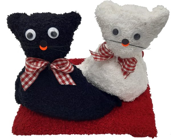Frotteebox Geschenk Set Katzen Paar aus 3x Waschhandschuh geformt