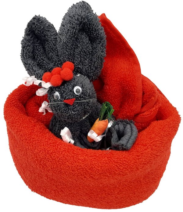 Frotteebox Geschenk Set Schwarzwald Hase grau im Nest geformt aus 1x Handtuch + 1x Waschhandschuh