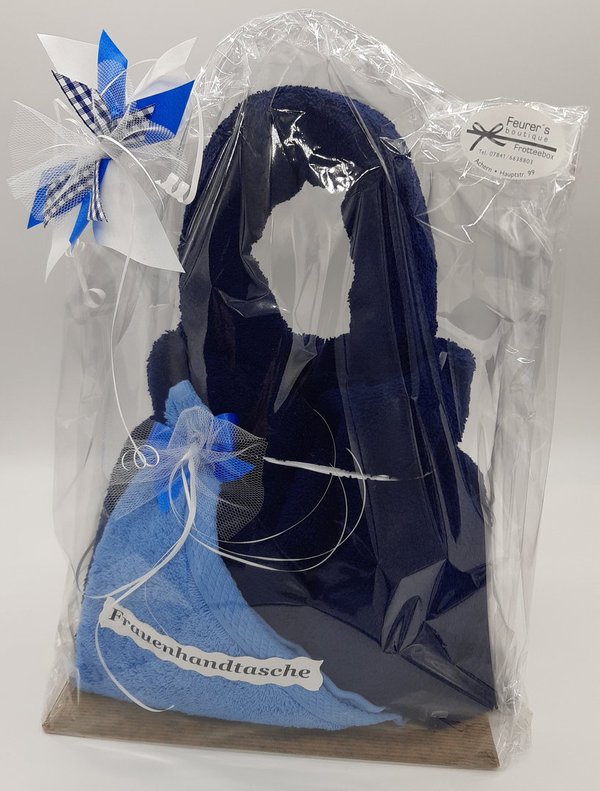 Frotteebox Geschenk-Set Handtasche aus Handtuch blau (100x50cm) und 2x Gästetuch geformt