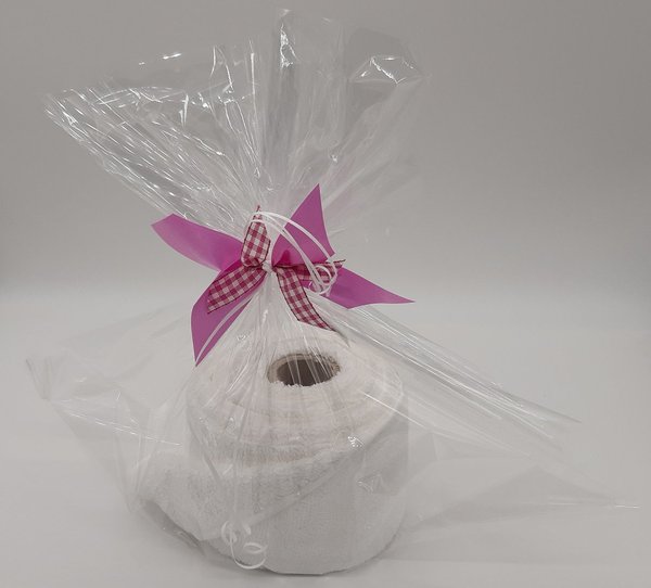 Frotteebox Geschenk Set Klorolle mit Handtuch (100x50cm) weiß zu einer Klopapierrolle geformt