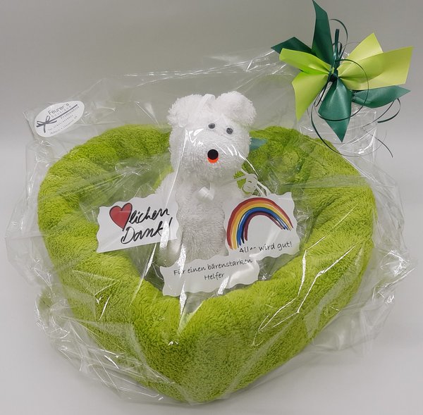 Frotteebox Geschenk-Set für bärenstarke Helferin mit Bär im Herz aus Handtuch + Waschhandschuh