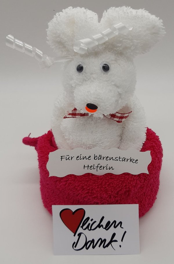 Frotteebox Geschenk-Set für bärenstarke Helferin mit Bär geformt aus Gästetuch und Waschhandschuh