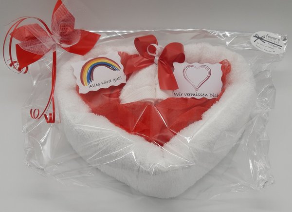 Frotteebox Geschenk-Set Herz geformt aus Handtuch weiß Spruch Wir vermissen Dich + Alles Wird gut