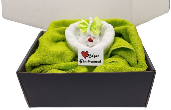 Frotteebox Geschenk Box 3-teilig Herz weiß in Handarbeit geformt aus Gästetuch Handtuch Duschtuch