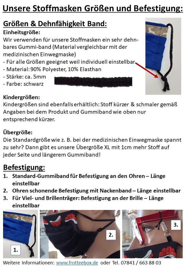Schwarzwald Stoffmaske (Farbe wählbar) mit Soft-Gummiband für Ohren, mit Hirsch rot auf Band weiß