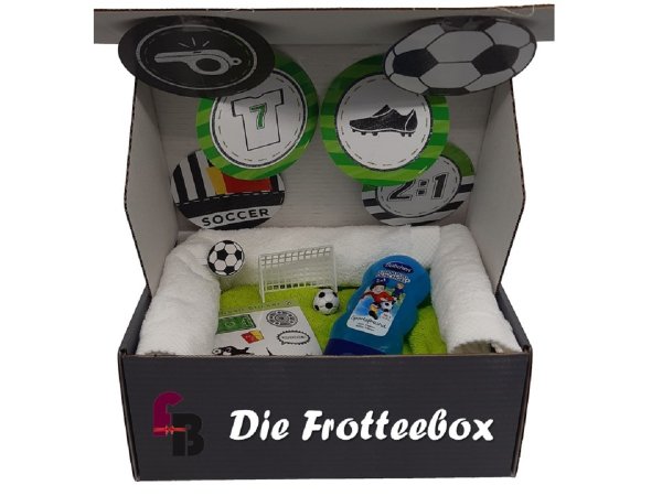 Frotteebox Fußball Geschenk Box 20-teilig mit Duschtuch, Bübchen Duschgel, Fußball Party Deko