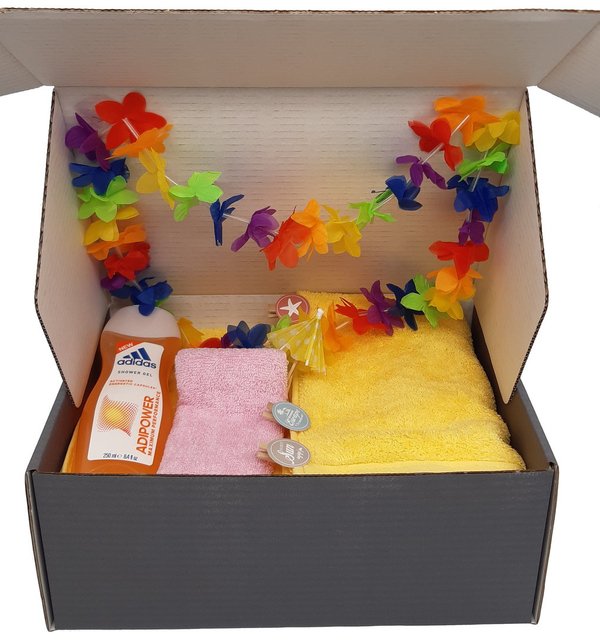 Frotteebox Sommer Party Geschenk Box 12-teilig mit Duschtuch, Handtuch, Duschgel, Meer Party Deko