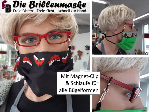 Schwarzwald Brillenmaske, Stoffmaske für Brillenträger, freie Ohren, Motiv Hirsch weiß